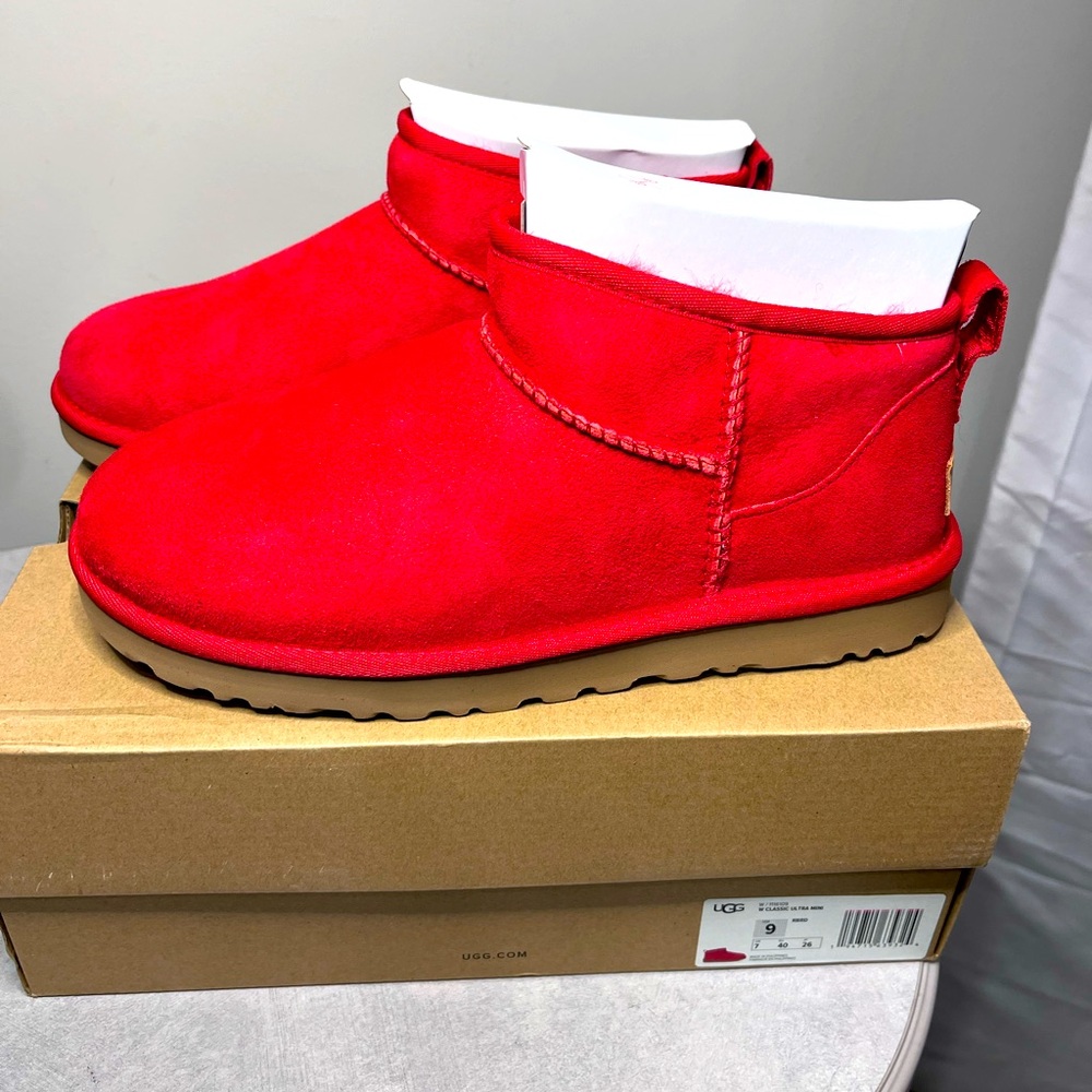 UGG CLASSIC ULTRA MINI RIBBON RED SUEDE FUR COMFORT WOMEN'S BOOTS SIZE US 9